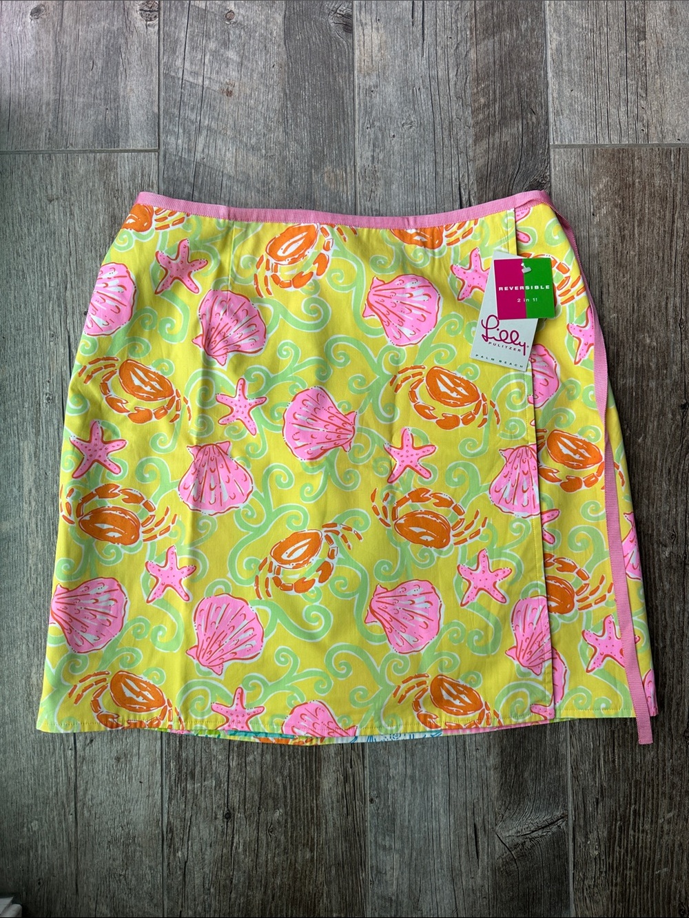 Lilly Pulitzer Yellow Seashell Print Mini Wrap Skirt with Pink Trim